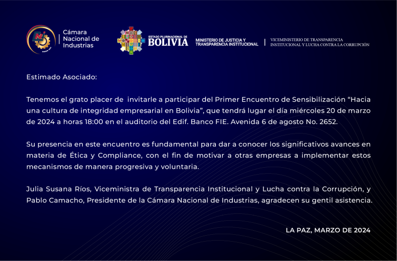 1ER ENCUENTRO DE SENSIBILIZACIÓN “HACIA UNA CULTURA DE INTEGRIDAD EMPRESARIAL EN BOLIVIA”