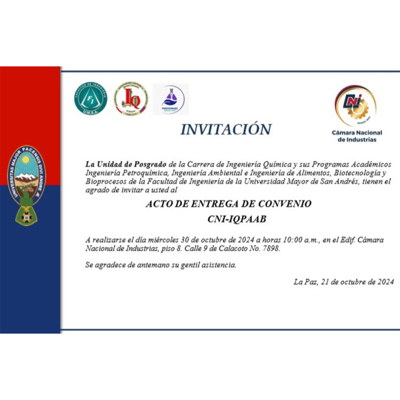 ACTO DE ENTREGA DE CONVENIO ENTRE LA CNI EL POST GRADO DE LA CARRERA DE INGENIERÍA QUÍMICA  